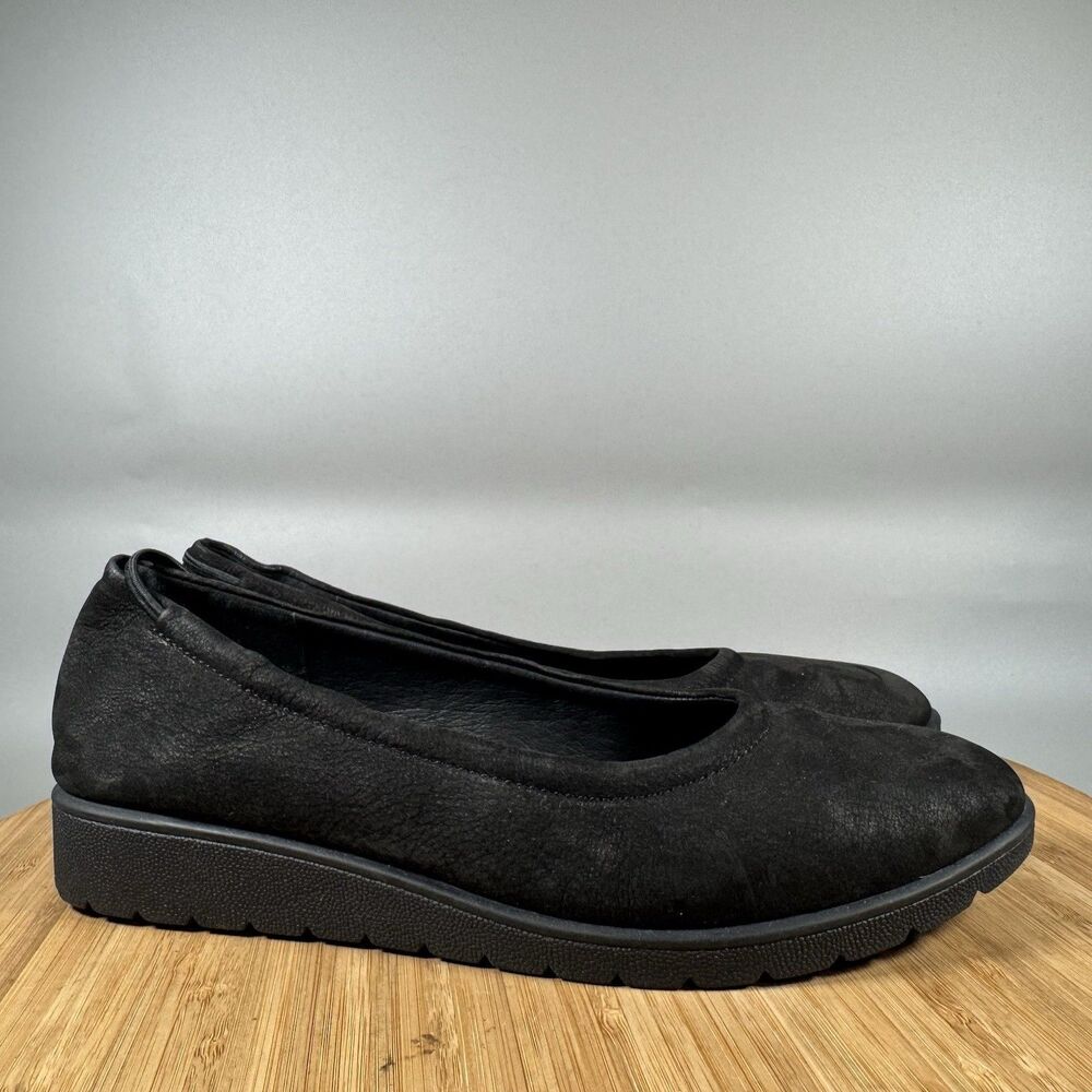 S Eileen Fisher Flats Womens 6 Black Nubuck Leather Slip On Shoes Comfort